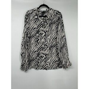Foxcroft Top Womens 24W Black White Animal Print Sheer Button Up Rayon Blouse